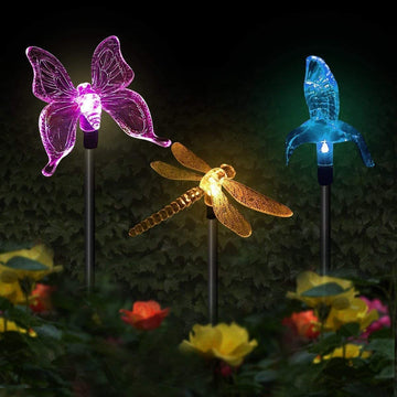 Set 3 x Lampi Solare LED tip pasare-fluture-libelula, Inaltime 43 cm, Multicolor