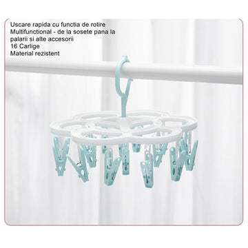 Uscător de Rufe Suspendat Flippy, Pliabil, 16 Cârlige, Rotire 360°, Plastic Durabil, 26x21 cm, Albastru