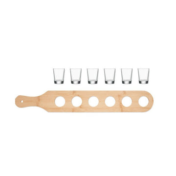 Set 6 Pahare Shot din Sticla Flippy, cu Suport din Lemn, Design Rustic, 49.5 x 7 x 6.5 cm, Maro