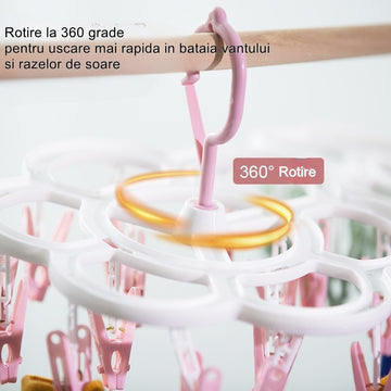 Uscător de Rufe Suspendat Flippy, 16 Cârlige, Rotire 360°, Plastic, Ușor de Depozitat, Multifuncțional, 26 x 21 cm, Roz