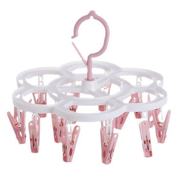 Uscător de Rufe Suspendat Flippy, 16 Cârlige, Rotire 360°, Plastic, Ușor de Depozitat, Multifuncțional, 26 x 21 cm, Roz