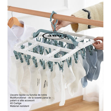Uscător de Rufe Suspendat Flippy, Pliabil, 40 Cârlige, Rotire 360°, Protecție Vânt, Plastic Durabil, 36x24 cm, Alb/Albastru