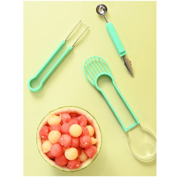 Ustensilă Bucătărie 4 în 1 pentru Tăiat și Decorat Fructe Flippy, Inox și Plastic, Compactă, 28x6.2 cm, Verde